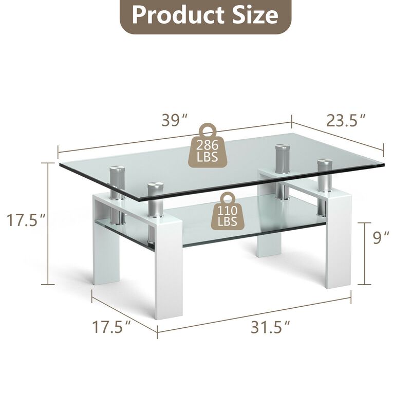 Rectangle Glass Coffee Table with Metal Legs for Living Room-White