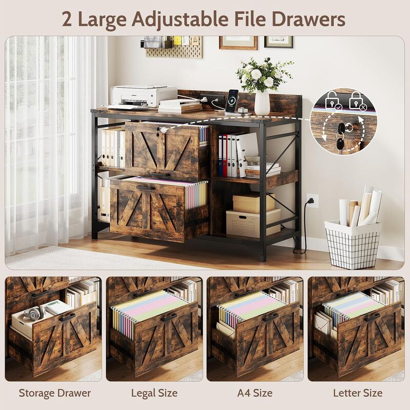 44"W File Cabinet, Lateral Filing Cabinet with 4 Shelves and 2 Drawers, Office Storage Cabinet with Lock & Charging Station, Wooden Printer Stand image number 3