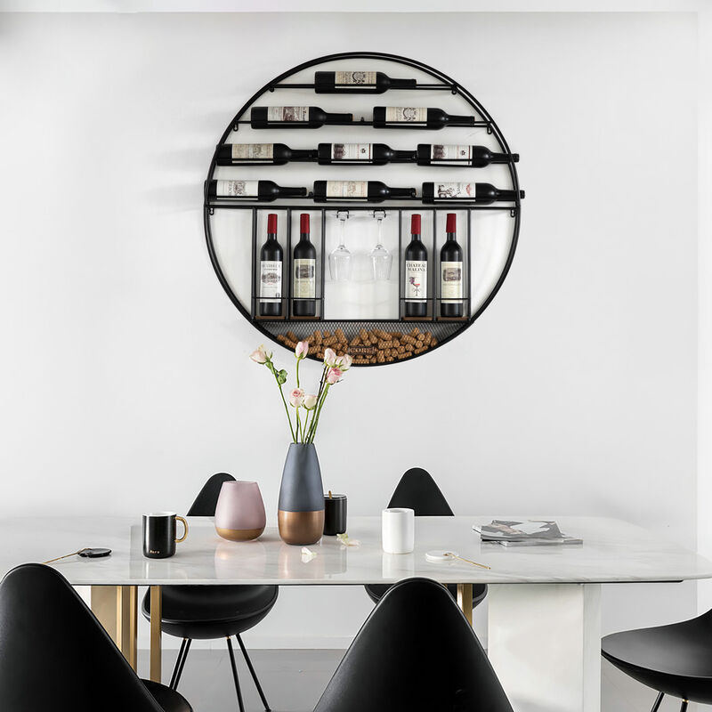 Vintage Decorative Modern Black Metal Round Wall Mounted Wine Display Rack with Cork and Glass Holder