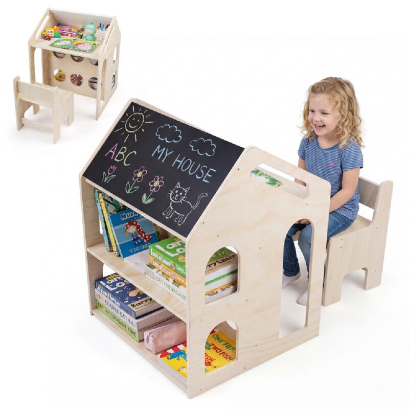 Children&rsquo;s House-Shaped Table and Chair Set, Wooden Activity Furniture-Natural image number 3