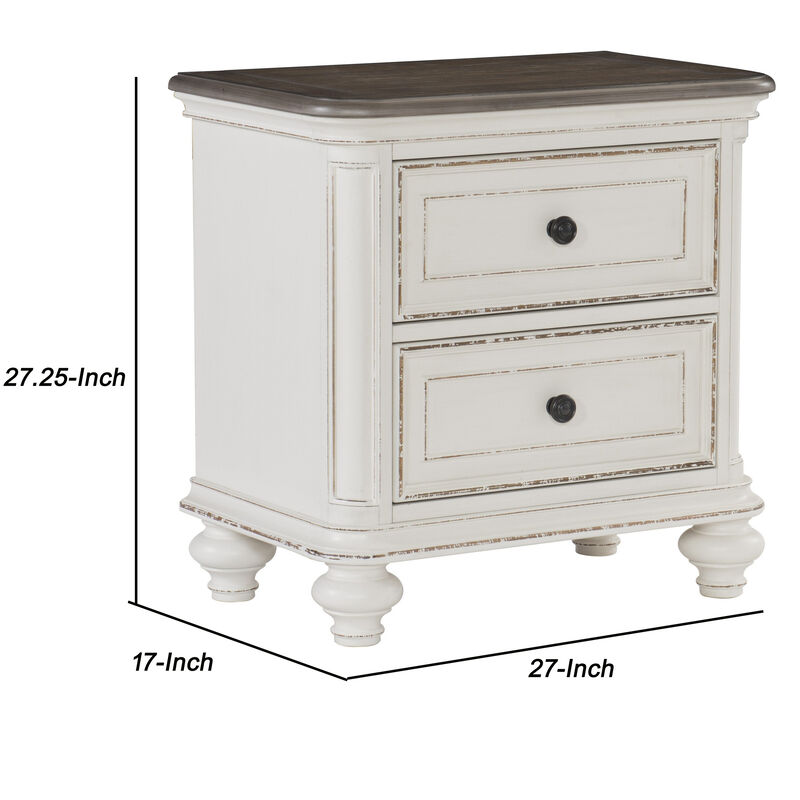 2 Drawer Wooden Nightstand with Distressed Details, Antique White and Brown-Benzara