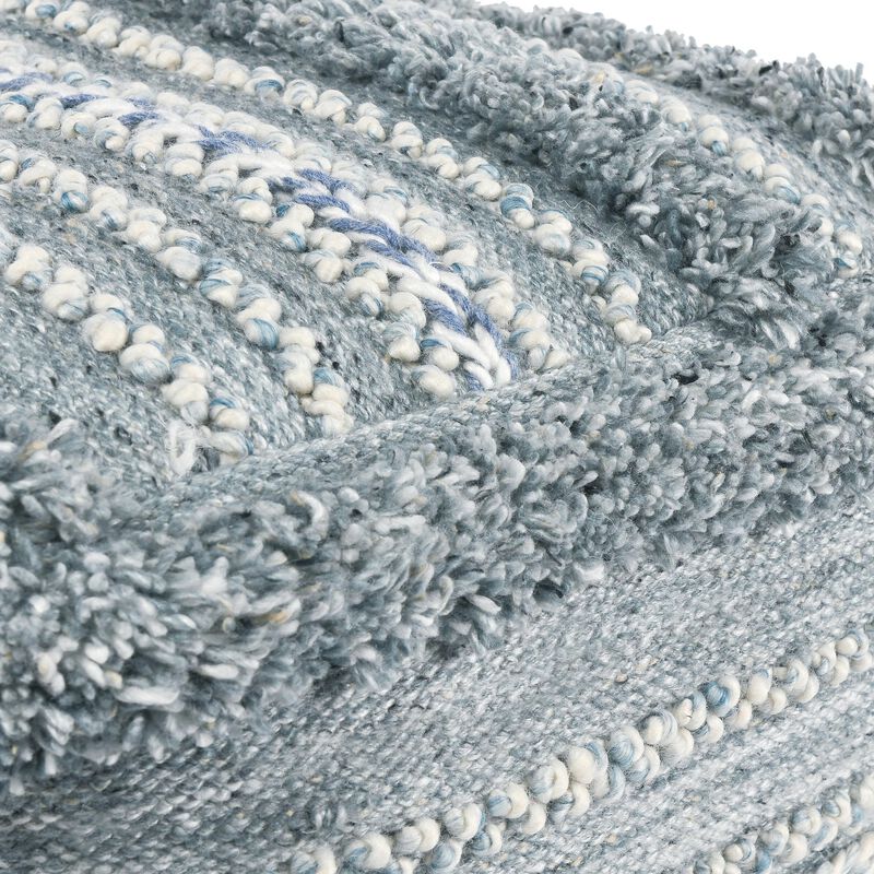 Kobi Square Ottoman Pouf, 18 Inch Blue Polyester, Boho Knitted Texture - Benzara