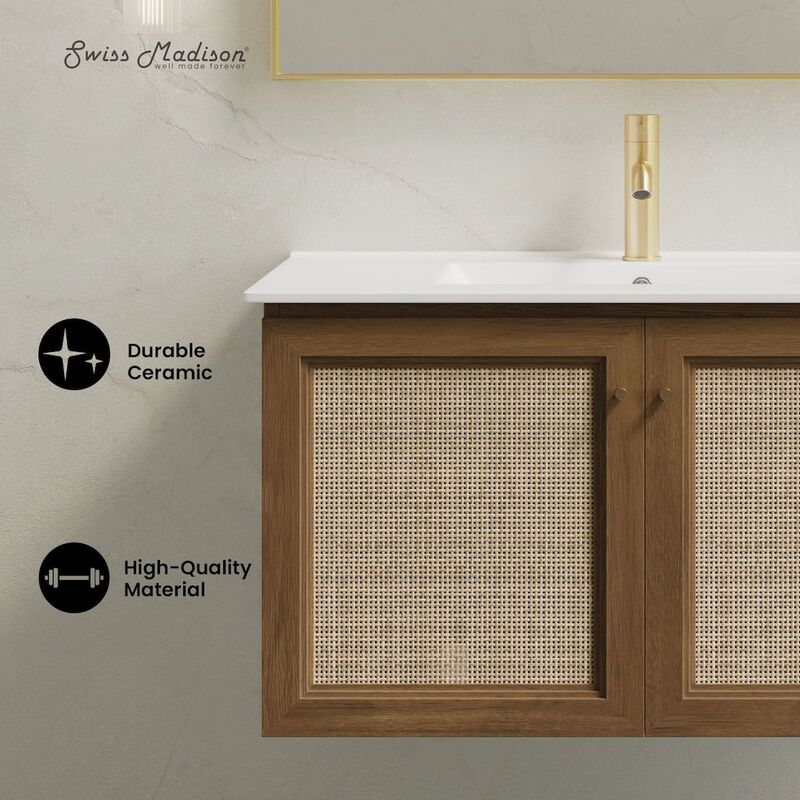 36" Wall-Mounted Bathroom Vanity in Brown Oak with Single Faucet Hole Vanity Top image number 6