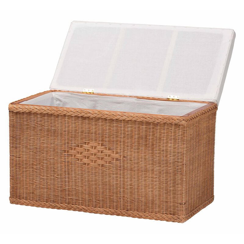 bali & pari Eamon Braided Natural Rattan Storage Bench with Cushioned Lift-Top Lid – Coastal Boho Style Chest for Bedroom, Entryway, or Living Room Organization, 31" Rectangle, Brown