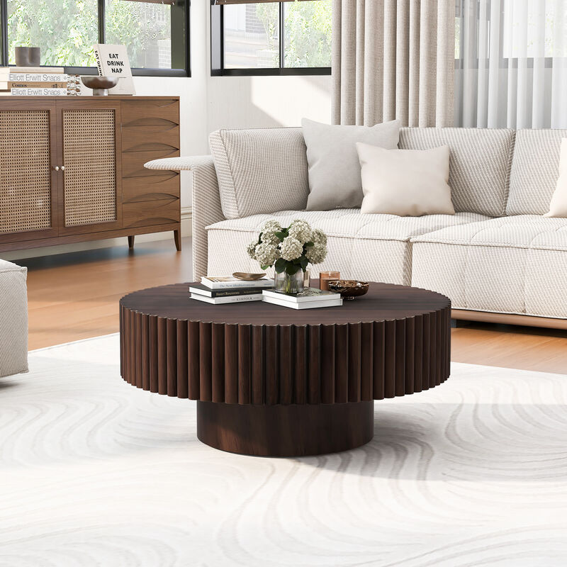 31.5'' Round Wood Coffee Table, Modern Fluted Drum Tea Table, Retro Circle Center Table image number 2