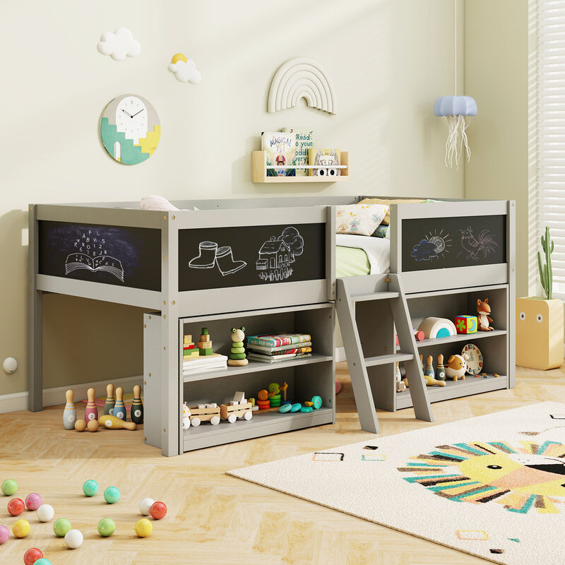 Kid Low Loft Bed with Chalkboard Ramp Ladder and Bookcases