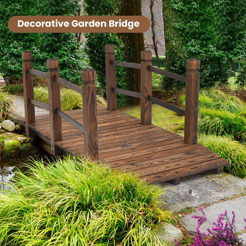5 Feet Wooden Garden Bridge with Safety Rails