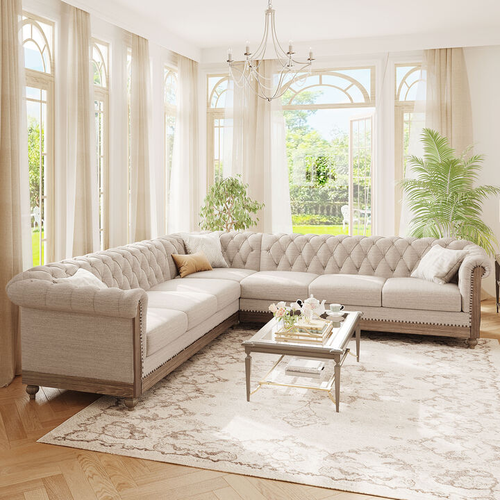 Merax Comfy Large Sectional Sofa with Wooden Legs, Retro Style for Living Room