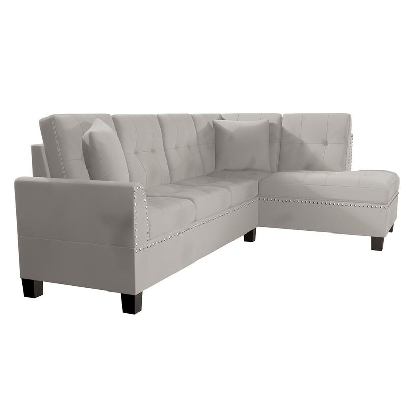 Dema 2pc Sectional Sofa Set, Chaise, 2 Pillows, Textured Beige Velvet