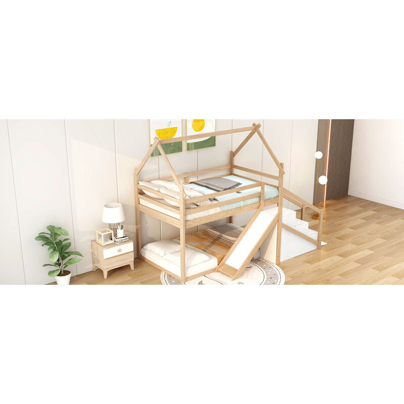 Twin Over Twin House Loft Or Bunk Bed With Slide And Staircase, Natural