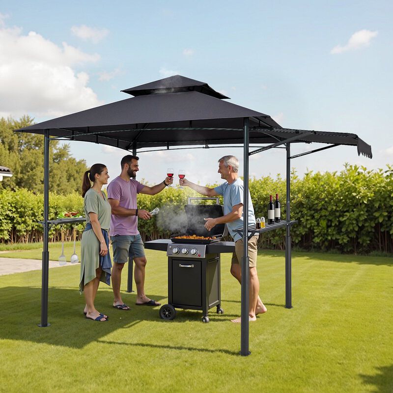 Outdoor BBQ Gazebo with Double-Tier Roof, Steel Grill Shelter, Side Shelves and Hanging Hooks-Dark Grey image number 1