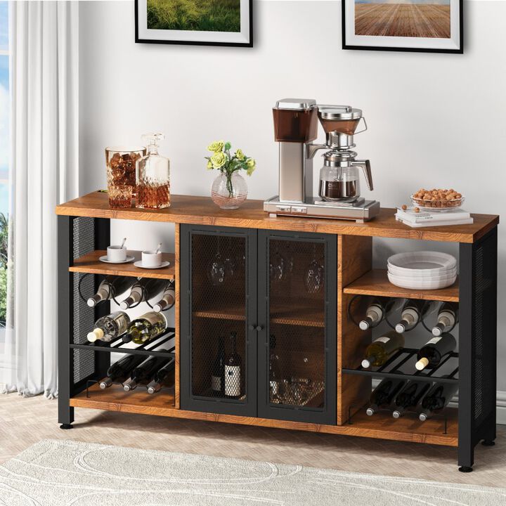 Industrial Bar Cabinet with Wine Rack, Glass Holder and Storage for Dining or Living Room