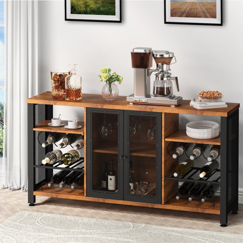 Industrial Bar Cabinet with Wine Rack, Glass Holder and Storage for Dining or Living Room
