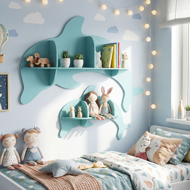 Set of 2 Wall Mounted Dolphin Shelves for Kids Room Decor and Storage-Blue image number 8
