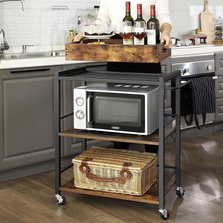 Hivvago Farmhouse 3-Tier Kitchen Microwave Cart with Serving Tray on Wheels