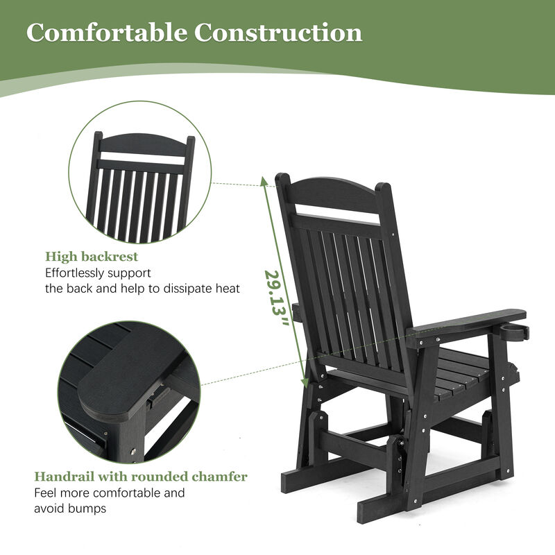 Poly Lumber Patio Glider for One Person, Ergonomic Deep Seat and High Backrest, with Removable Cup Holders, Wood-Like Pattern, Heavy Duty 700 LBS, for Outdoor Patio Garden Yard (Black)