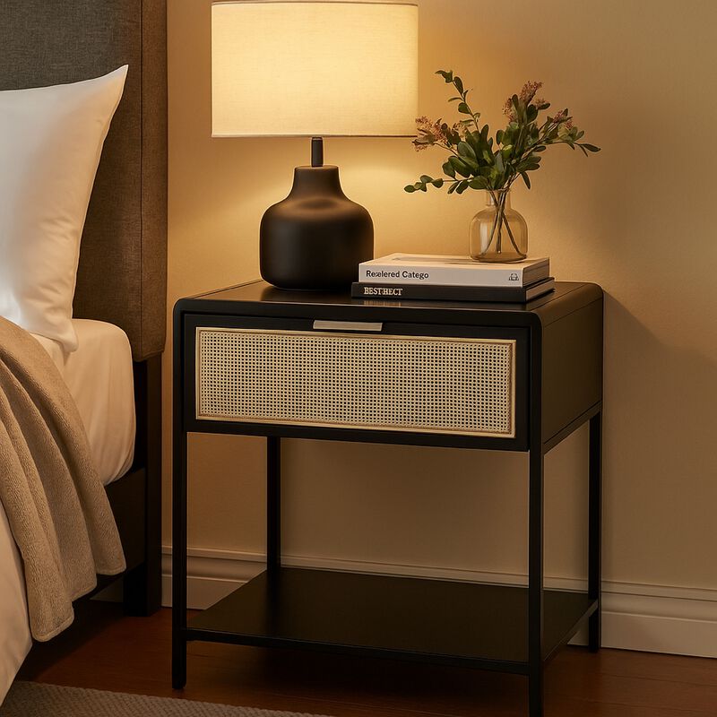 Lanie Bedside Table with Drawer and Open Shelf, PE Cane, Black Metal