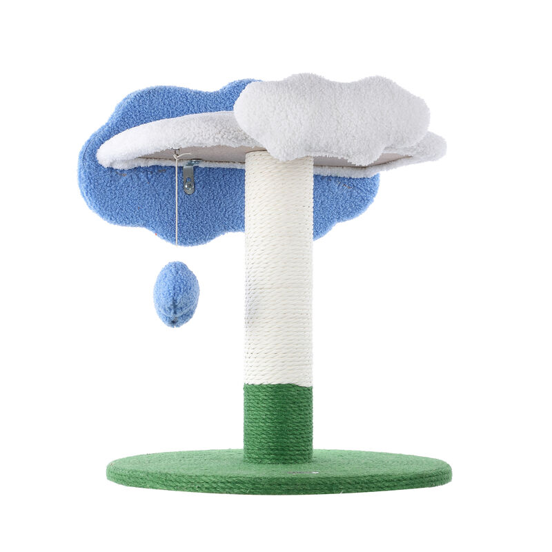 Sami 21.5" Modern Jute Cloud Cat Tree with Scratching Post, and Fuzzy Toy, White/Blue/Green
