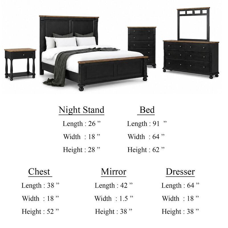 Ginie 5pc Queen Bedroom Set, USB Bedside Table, Black Rustic Oak Brown image number 5