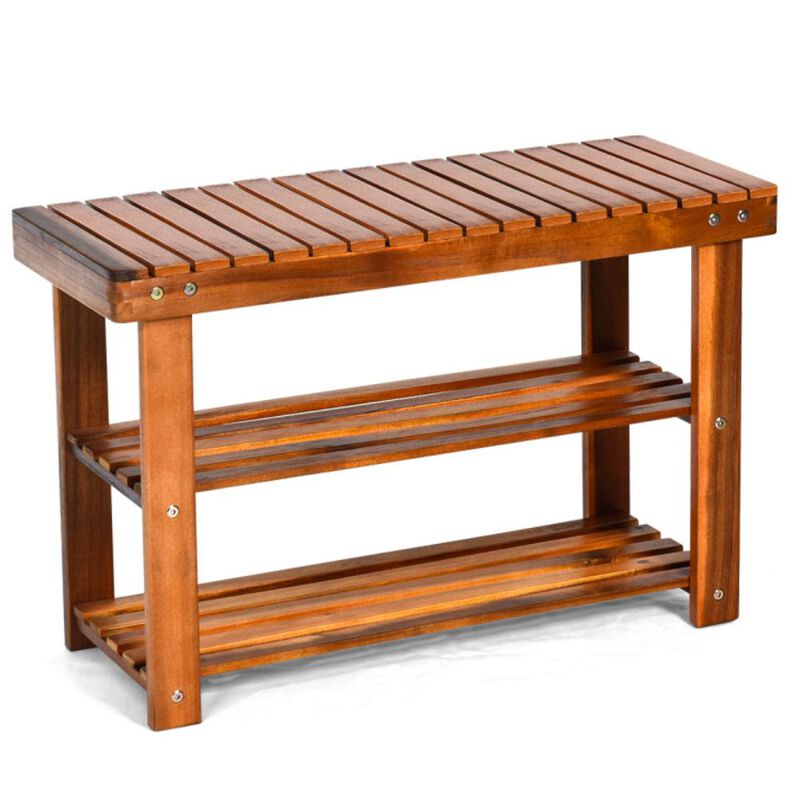 Hivvago Freestanding Wood Bench with 3-Tier Storage Shelves