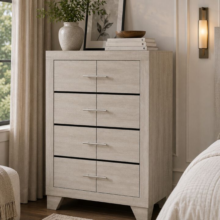 Qanto Tall Dresser Chest, 4 Drawers, Nickel Metal, Rustic Cream Wood