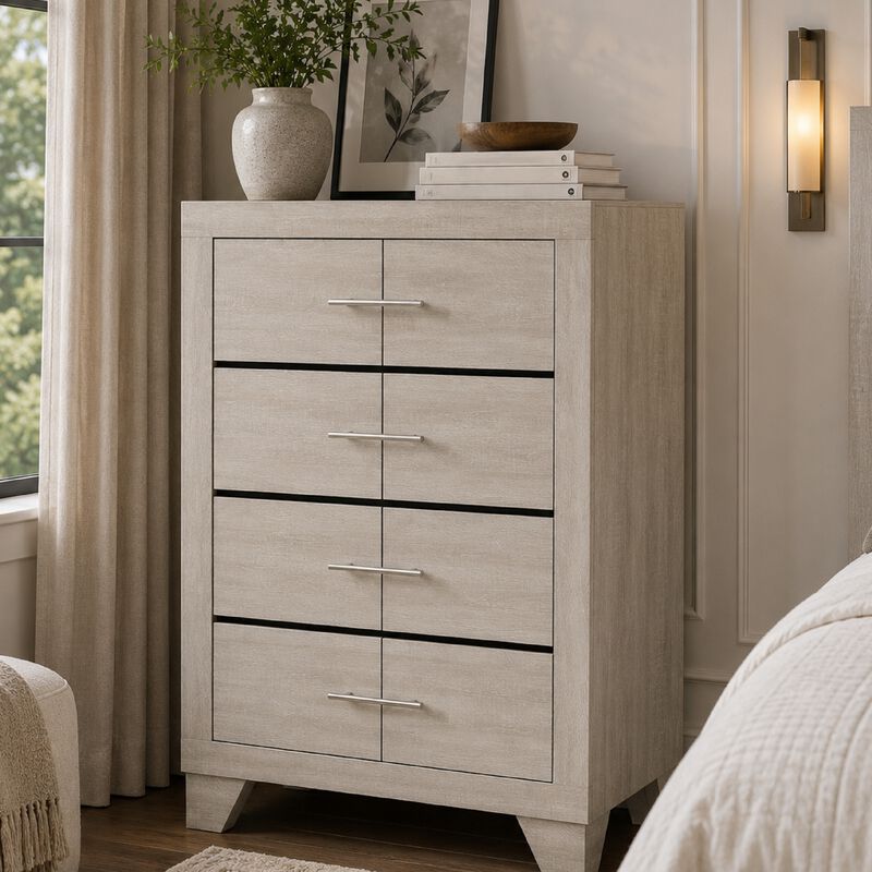 Qanto Tall Dresser Chest, 4 Drawers, Nickel Metal, Rustic Cream Wood image number 1