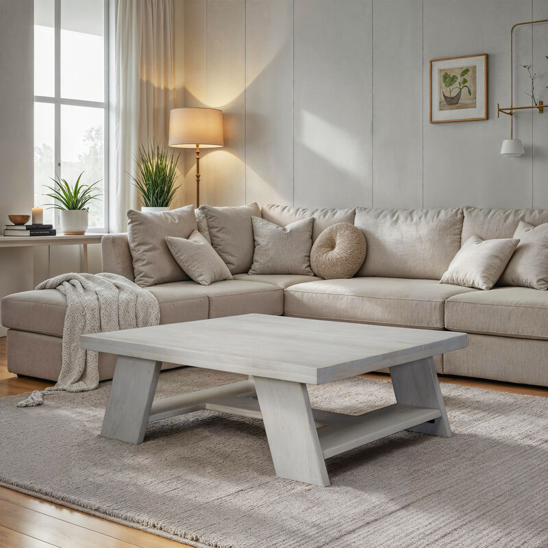 Aya 40" Square Coffee Table | Biscotti White Mango Wood | Bold Angled Legs