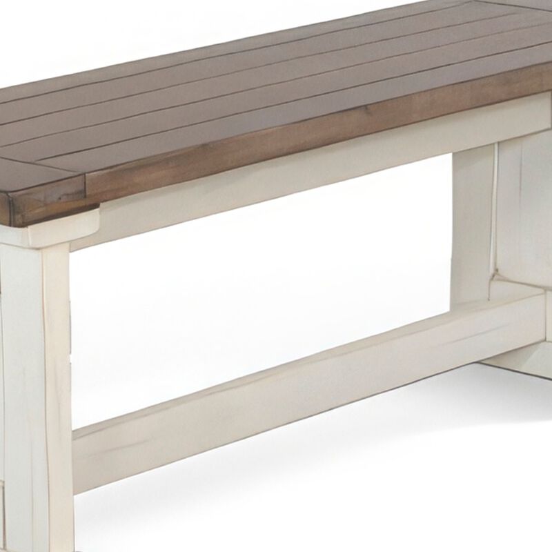Dean Side Dining Bench, Plank Style Seat, Off White and Brown 48 Inch