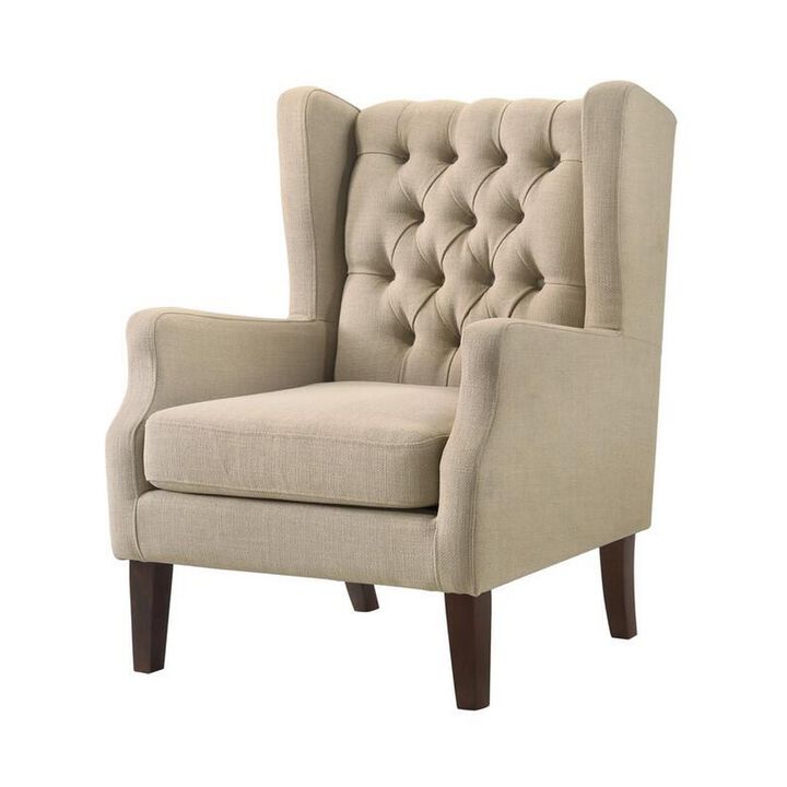 Keva 31 Inch Accent Chair, Deep Button Tufted Wingback, Soft Beige Fabric-Benzara