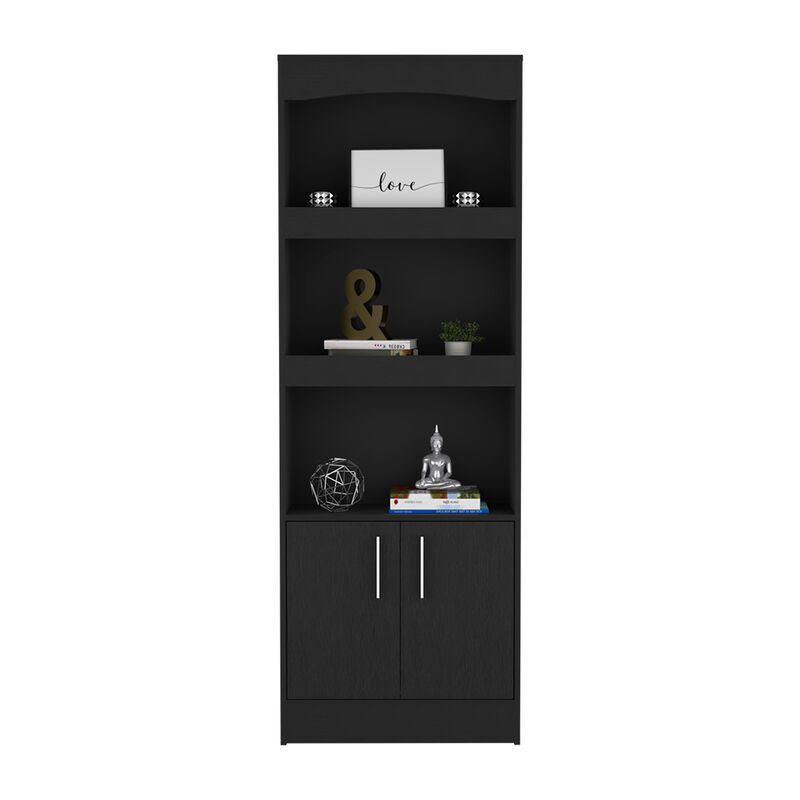 DEPOT E-SHOP Dozza Bookcase, Three Shelves, Double Door Cabinet, Metal Hardware, Black