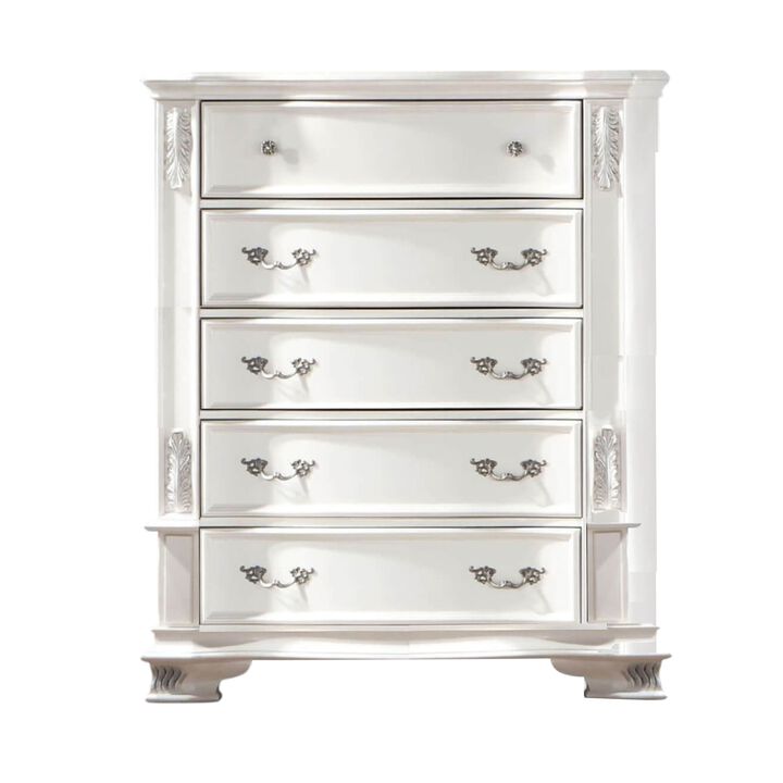 Prio Tall Dresser Chest, 5 Drawers, Classic Wood Carvings, Pearl White