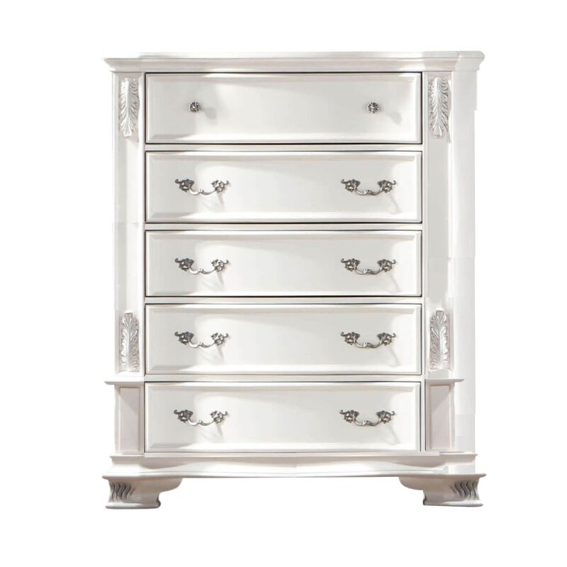 Prio Tall Dresser Chest, 5 Drawers, Classic Wood Carvings, Pearl White