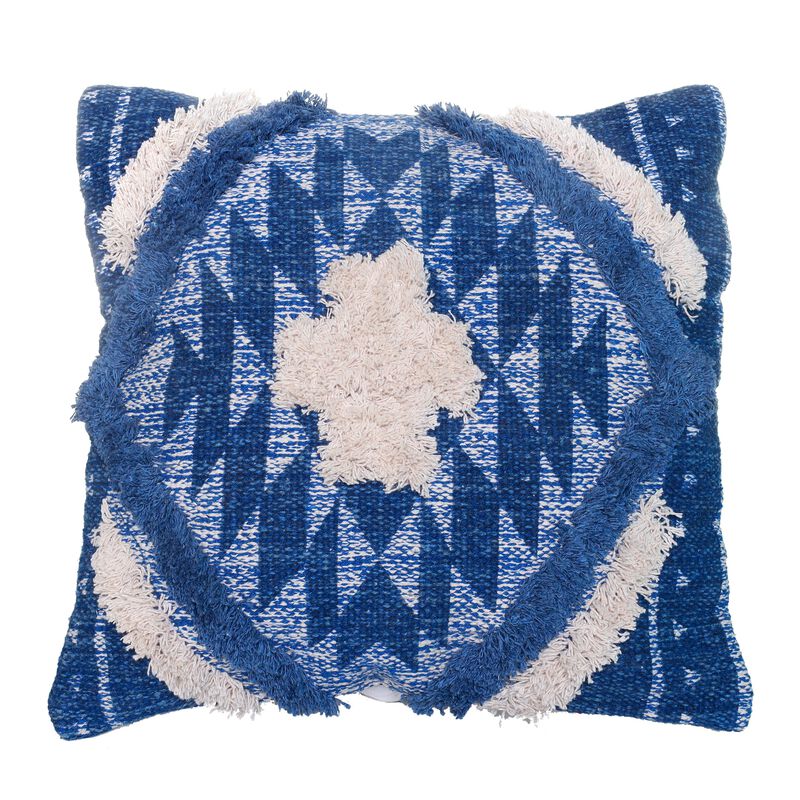 18 X 18 Shaggy Cotton Accent Throw Pillows, Southwest Aztec Pattern, Set of 2, Blue, White-Benzara image number 1