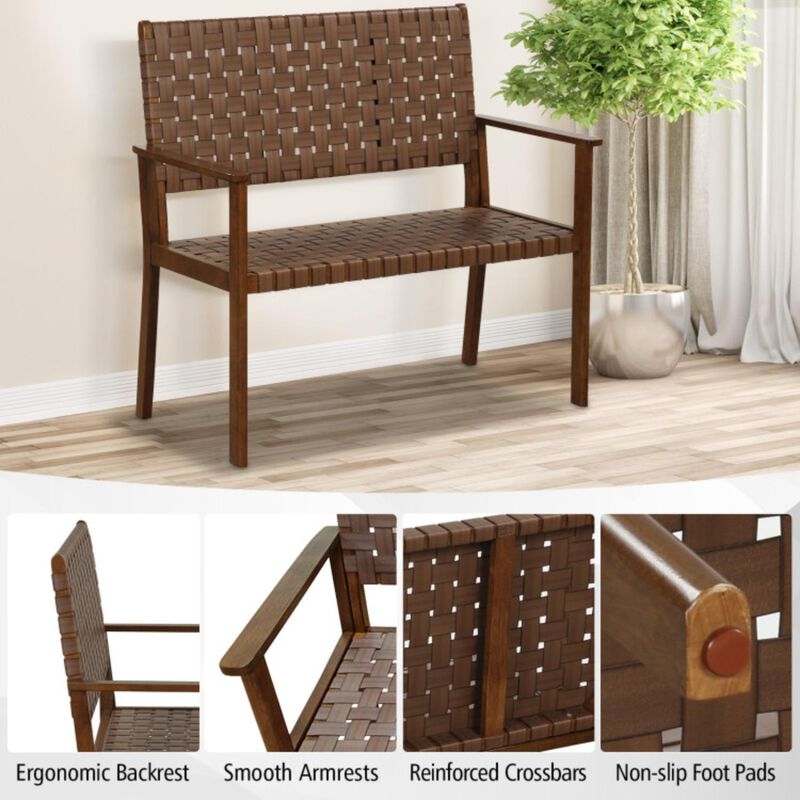 Hivvago Outdoor All Weather Bench with Solid Rubber Wood Frame and Hand Woven PU Leather-Brown