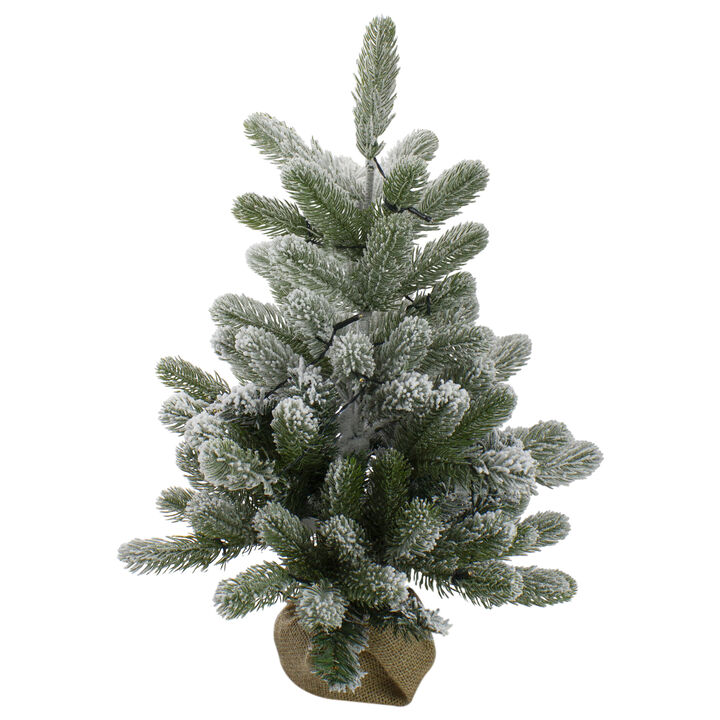 2' B/O Potted Frosted Pine Medium Artificial Christmas Tree in a Burlap Pot- Warm White Lights
