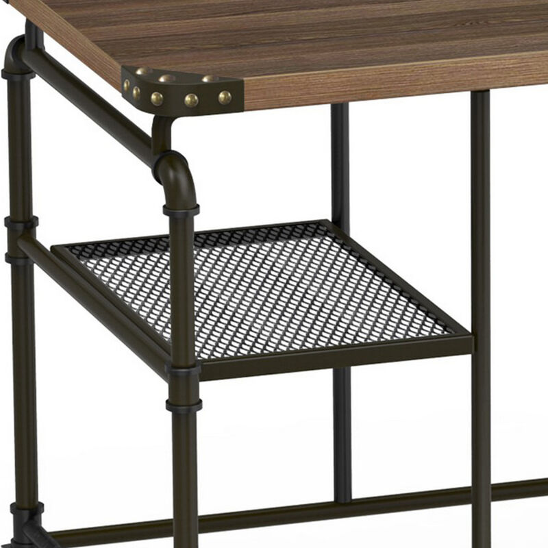 Industrial Metal Writing Desk With Wooden Top, Brown and Black