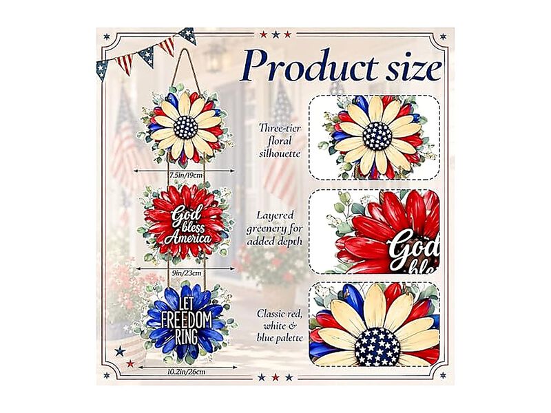 4th July Decor Front Door Patriotic Floral Wreath Hanging Wood Red White Blue image number 2