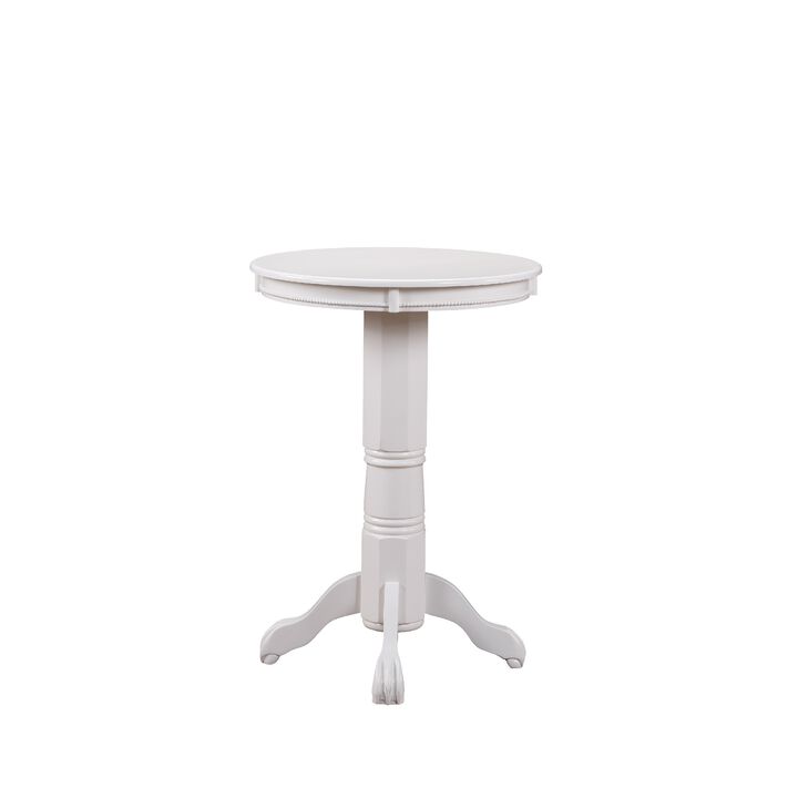 Ava 42 Inch Wood Pub Bar Table, Molded Trim, Carved Pedestal, White
