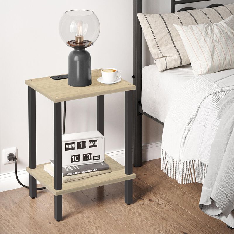 TUTOTAK End Table with Charging Station, Side Table with USB Ports and Outlets, Nightstand, 2-Tier Storage Shelf, Sofa Table for