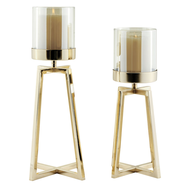 Maeve Tinted Glass Warm Gold Pedestal Hurricane Candle Holders - Set of 2