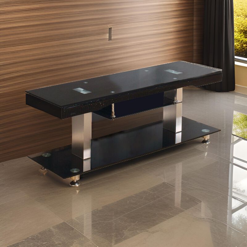 60 Inch TV Entertainment Console, Long Glass Media Shelf, Chrome Accents - Benzara