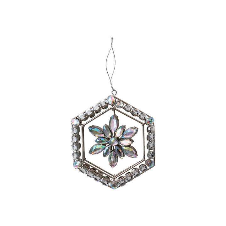 Metal and Acrylic Jewel Snowflake Ornament with Hexagon Frame, Silver Finish