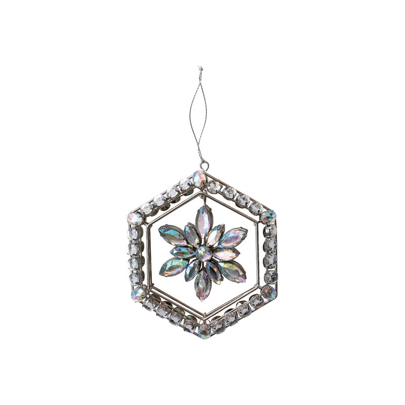 Metal and Acrylic Jewel Snowflake Ornament with Hexagon Frame, Silver Finish image number 0