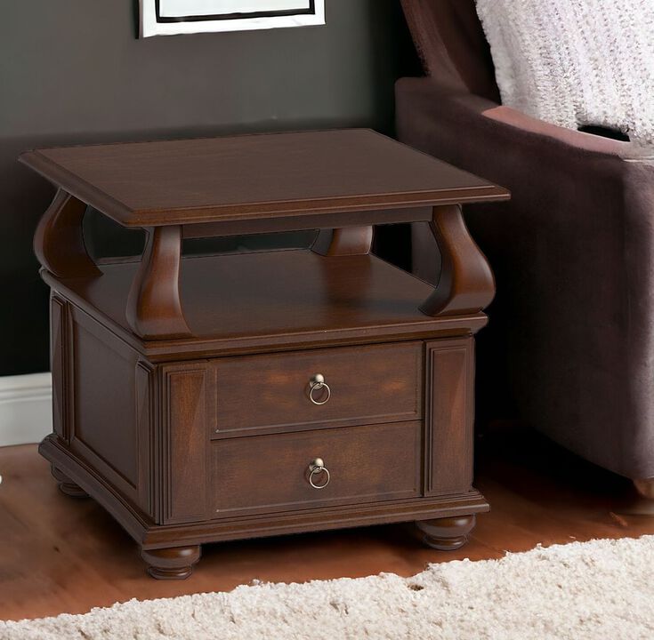 Traditional Solid Wood End Table &ndash; Square Shape with 2 Drawers and Shelf