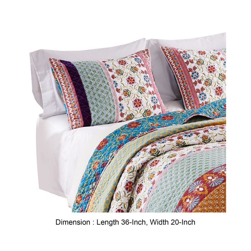 36 Inch Quilted King Pillow Sham, Cotton Fill, Medallion Print, Multicolor - Benzara