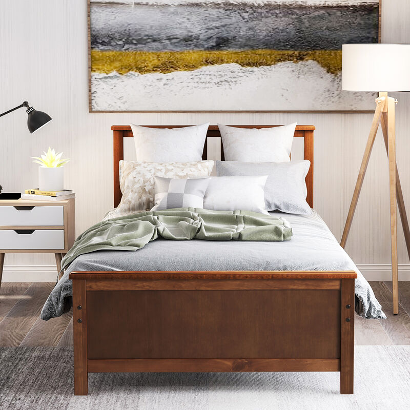 Whisen Twin Size Wood Platform Bed with Headboard, Footboard and Wood Slat Support - Walnut
