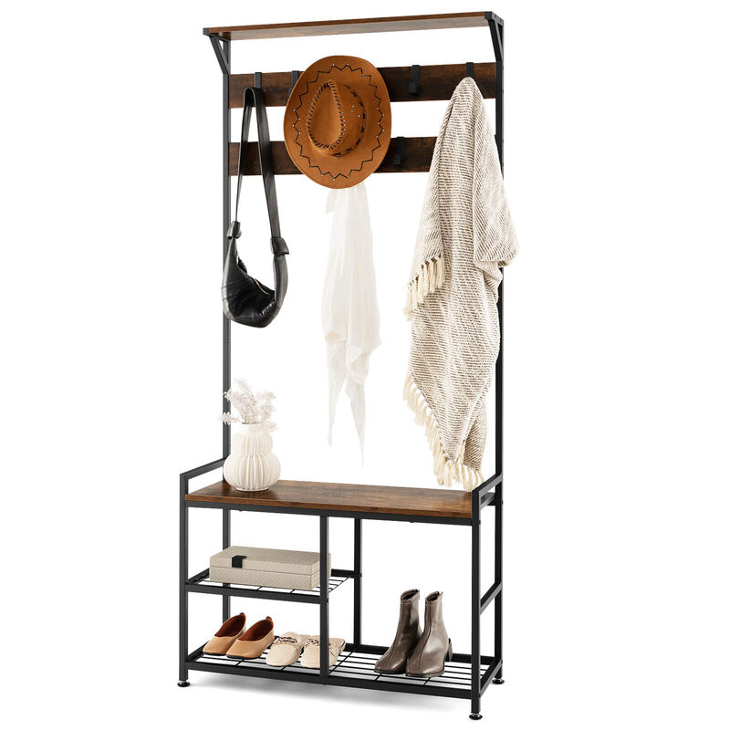 3-In-1 Industrial Coat Rack Stand with 9 Hooks Shoe Bench