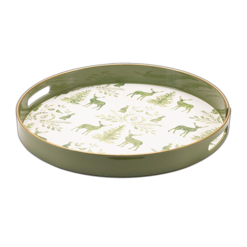 HomeRoots 14" Green White And Gold Woodland Scene Round Serving Tray With Handles image number 3