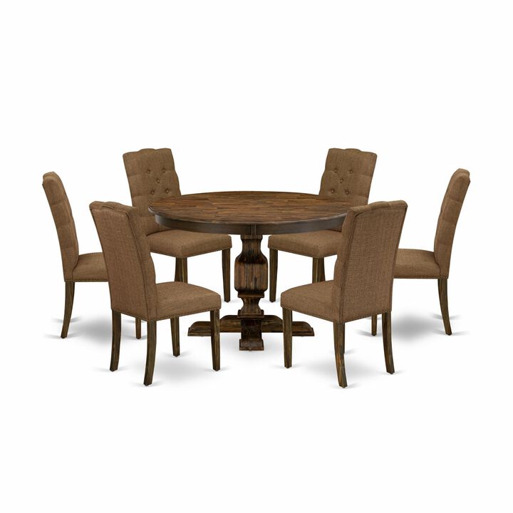 East West Furniture F3EL7-718 7Pc Kitchen Set - Round Table and 6 Parson Chairs - Distressed Jacobean Color
