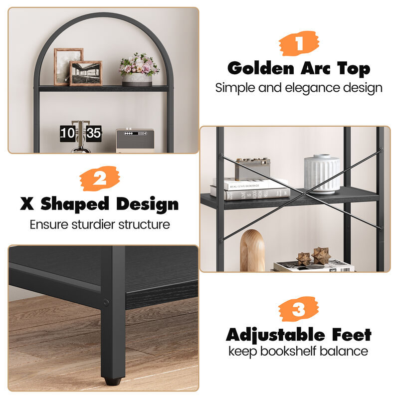 Modern Industrial Arched 5-Tier Open Bookshelf, Curved Metal Frame Freestanding Storage Display Shelf for Living Room, Bedroom & Home Office image number 2